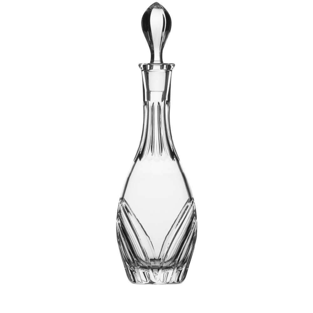 Clear ' ARNSTADT KRISTALL ' wine decanter with a slender neck and bulbous base. The transparent surface features curved, vertical cuts resembling wings, lending it an elegant structure. Teardrop-shaped crystal stopper.