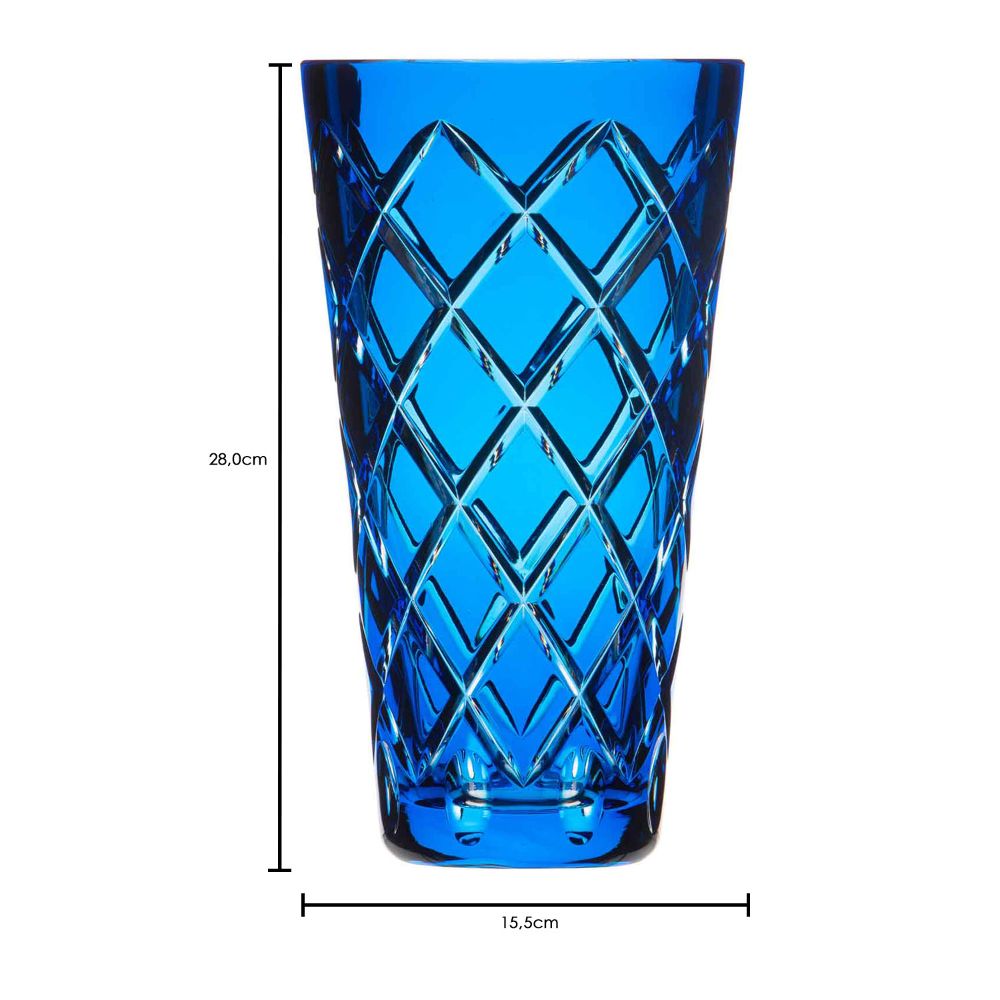 A 28 cm tall, cylindrical crystal vase in a radiant aqua blue with a striking, faceted diamond pattern across the entire surface. The design lends the hand-blown vase a shimmering lustre and an elegant texture.