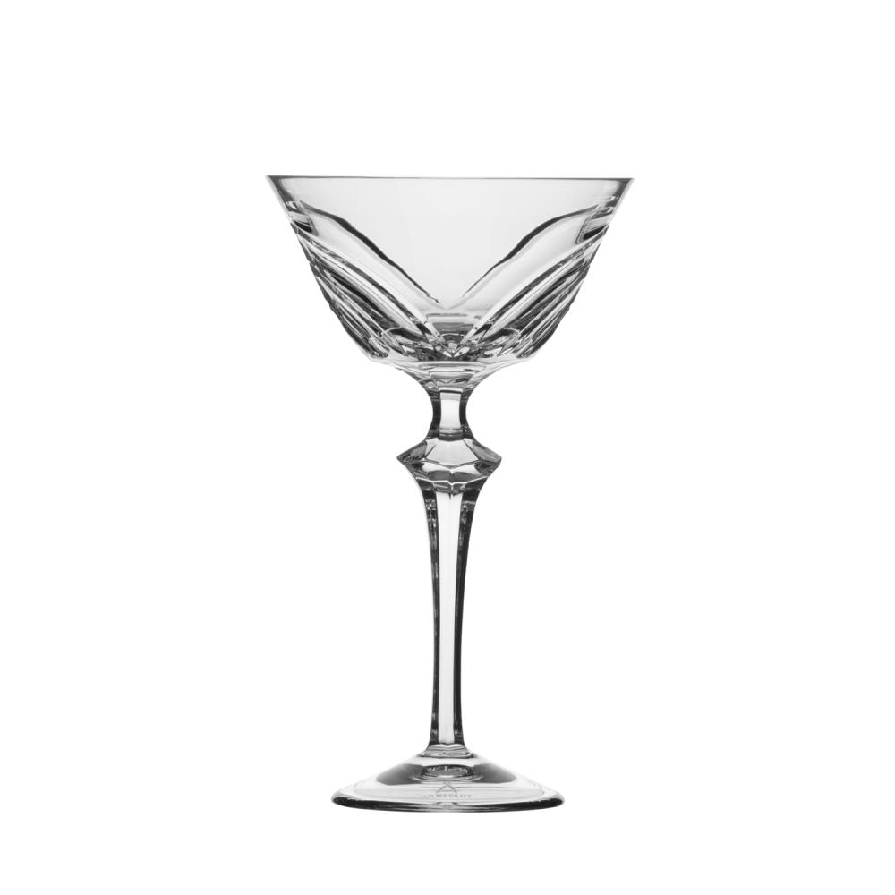 An elegant ' ARNSTADT KRISTALL ' martini glass crafted from clear crystal. A wide bowl showcasing an intricate 'Wings' cut pattern that mimics curved wings and creates light reflections. A delicate stem with a sturdy round base.