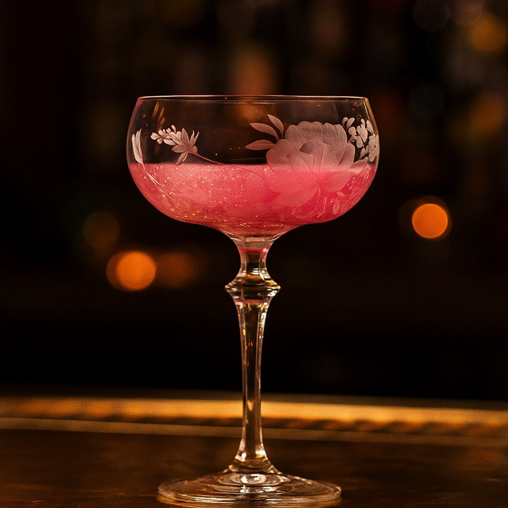 An elegant crystal cocktail glass, filled with a sparkling pink drink, stands on a dark bar surface. Delicate floral primrose engravings glisten in the subdued light, with blurred, warm points of light behind them.