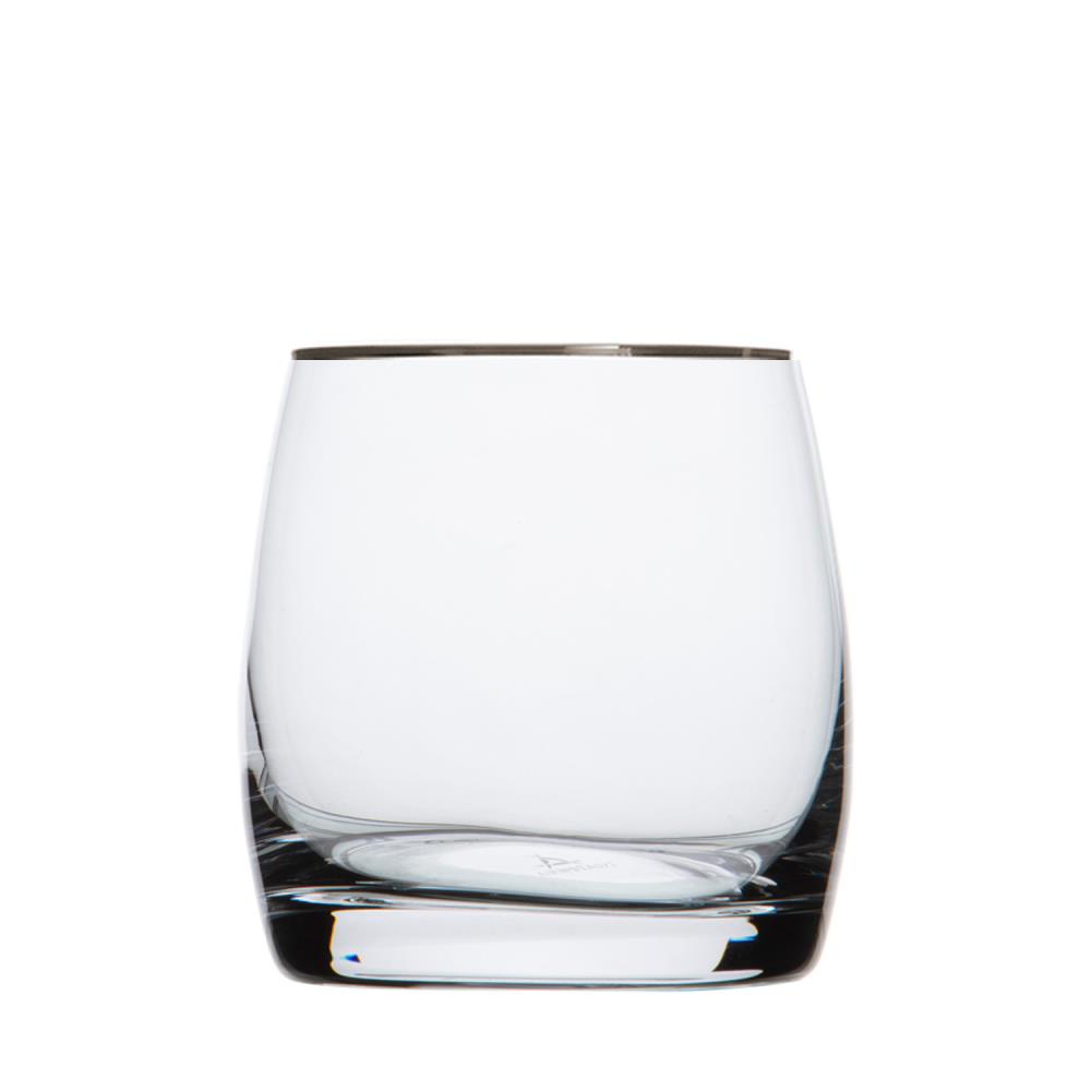 A clear, bulbous whisky glass crafted from high-quality crystal glass on a white background. The upper rim is adorned with a fine, shiny platinum rim, adding an elegant touch. The glass is empty and transparent.