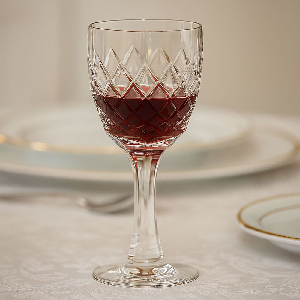 An elegant crystal wine glass filled with red wine on a white damask tablecloth. Artistic diamond-cut detailing in the upper section, reminiscent of Venetian design. In the blurred background, light-coloured plates with golden rims.
