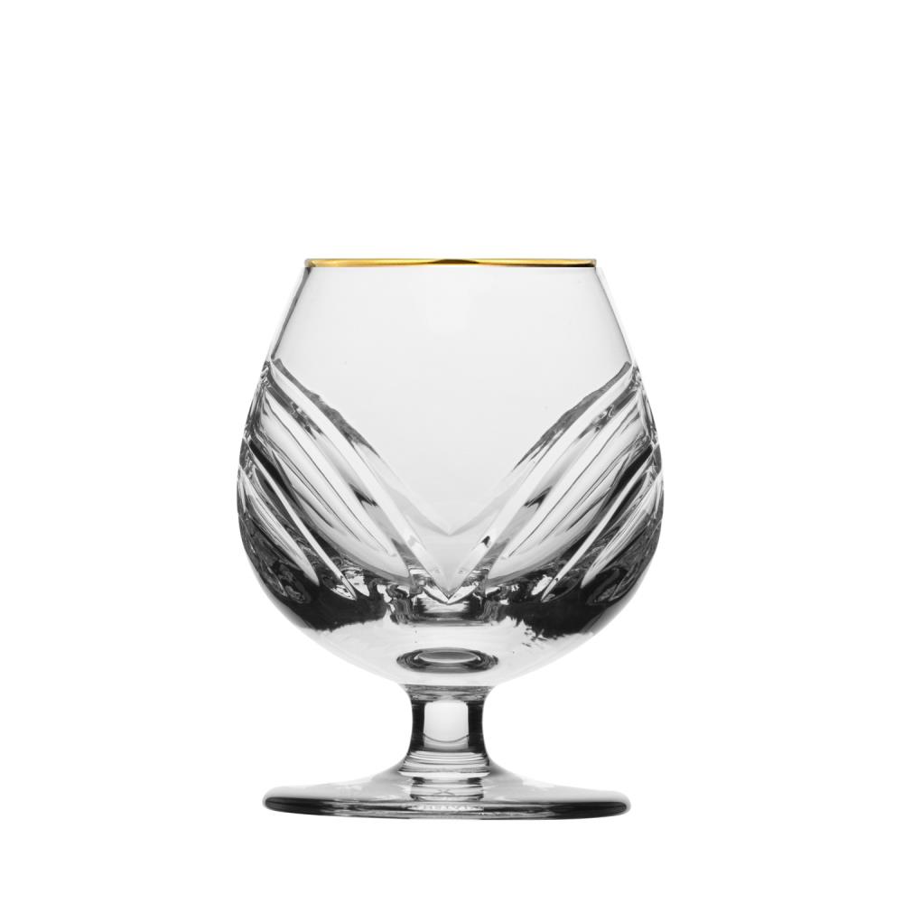 Clear crystal cognac glass, bulbous and tapering towards the top, with a delicate gold rim. Artfully curved cuts create a wing-like pattern and reflect light. Short, elegant stem, sturdy base.