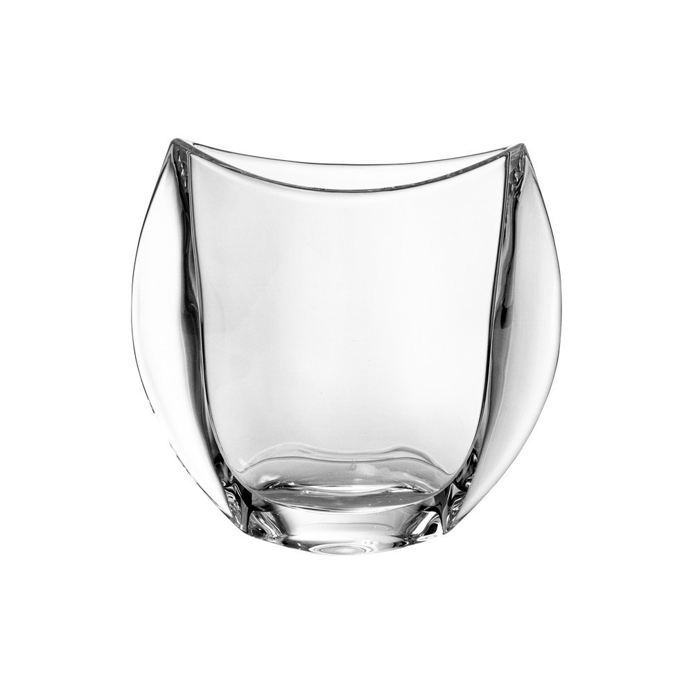 Transparent crystal vase by ARNSTADT KRISTALL, 24 cm high. Elegant, curved shape, open at the top. Gently rounded sides, subtle wavy rim. Sturdy, clear base in a modern Cleanline design.