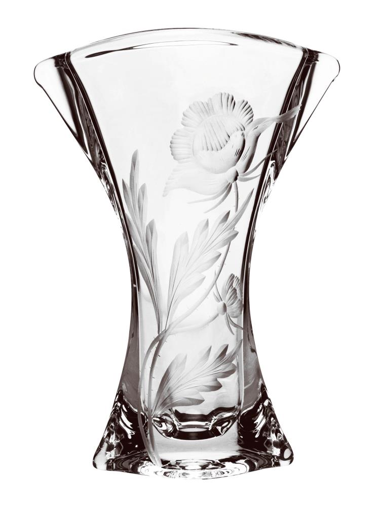 An elegant, hand-blown crystal vase with a wide opening. Artfully decorated with deep cuts that form a detailed floral and leaf pattern, elegantly winding around the vessel. Brilliant lead crystal.