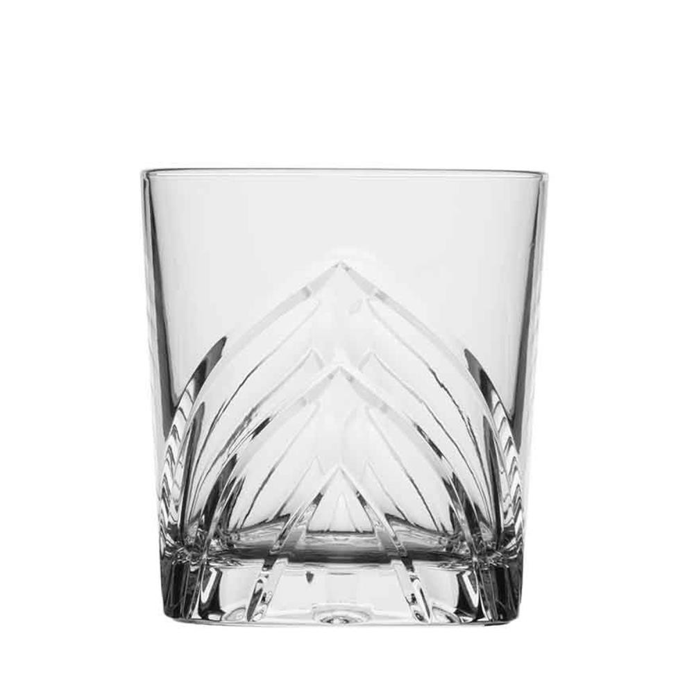 A clear, cylindrical crystal whisky glass with a distinctive cut pattern on the lower half. Decorative elements such as stylised wings or leaves run upwards from the base, creating an elegant texture. Smooth at the top.