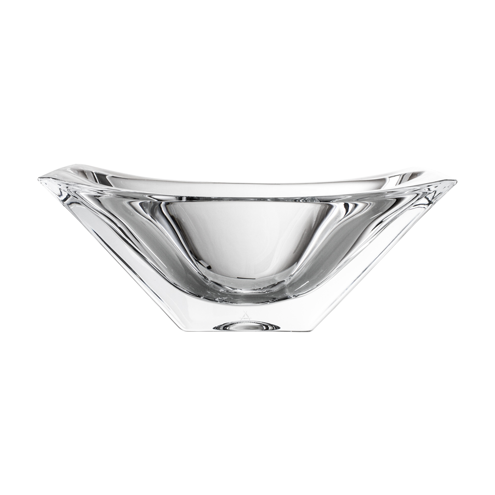 An elegant, clear crystal bowl from ARNSTADT KRISTALL in a modern Cleanline design. Transparent, with gently curved, outward-facing edges and a flowing shape that beautifully reflects the light. Sturdy, square base.