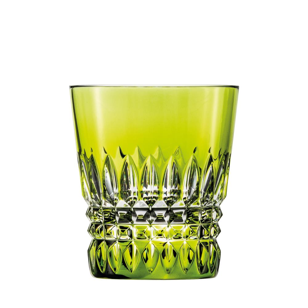 A gleaming reseda-green crystal drinking glass with an Empire cut. The lower half features a complex pattern of hand-cut facets: small squares at the base, above which are vertical, tapering cuts. Smooth rim.