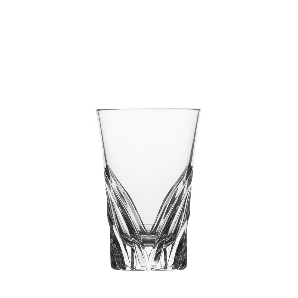 An empty shot glass crafted from clear crystal, measuring 8 cm in height, is displayed on a white background. The lower portion of the glass features precision-cut, wing-like facets that confer an elegant texture, while the upper rim remains smooth.