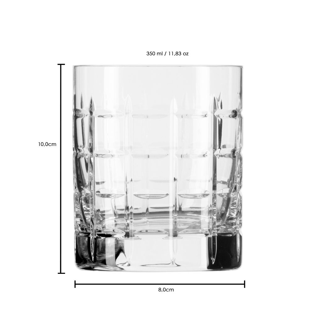 A clear Las Vegas crystal whisky glass featuring a striking, faceted checkered pattern on the sides and a thick glass base that keeps the drink cool for longer. The glass measures 10 cm in height, 8 cm in diameter and holds 350 ml.