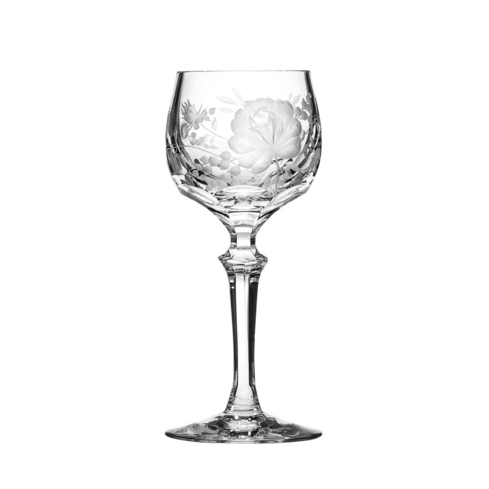 An elegant, clear crystal liqueur glass featuring intricate, hand-cut floral decorations on the bowl. A large blooming rose serves as the central motif, surrounded by delicate blossoms, leaves and berries. Slender stem, sturdy base.