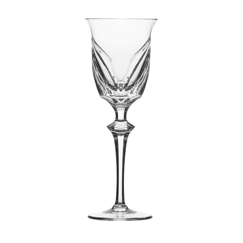 An elegant, clear crystal red wine glass with an artistic cut pattern reminiscent of stylised wings running along the bowl. Long, slender stem with a striking diamond-shaped decorative element, round base.