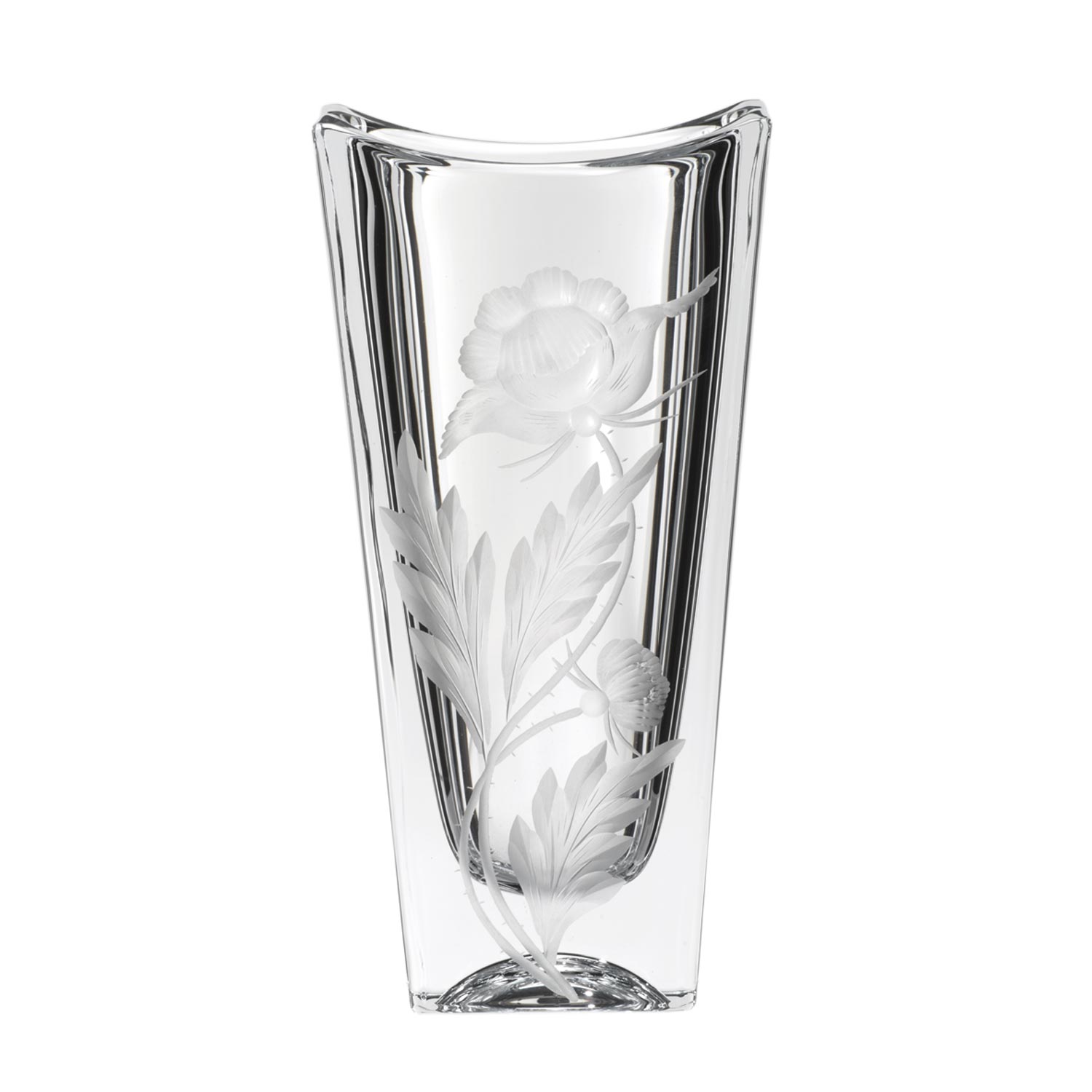 An elegant, clear ‘ ARNSTADT KRISTALL ’ vase in a rectangular shape with slightly inward-curving upper edges. The front of the ‘ ’ vase is adorned with an intricate, matt engraving featuring a large flower, leaves and stems.