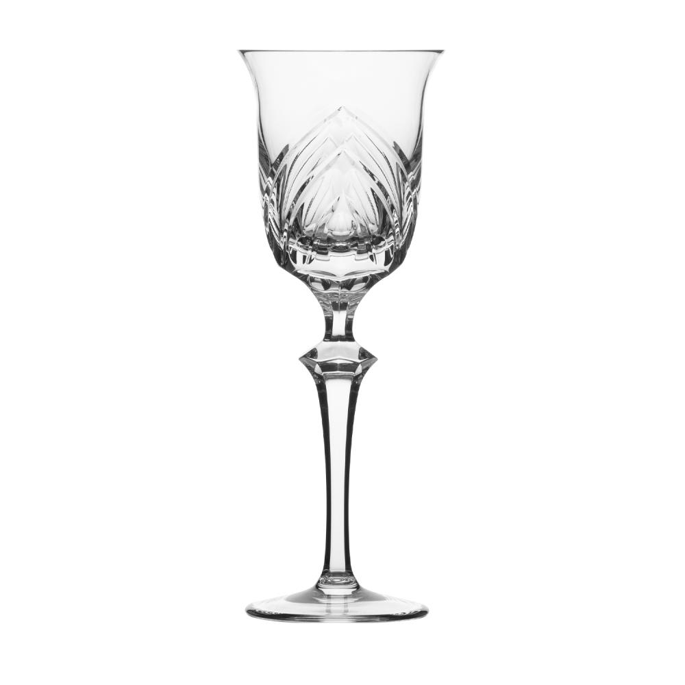 An elegant red wine glass crafted from clear crystal glass, showcasing a detailed cut pattern resembling stylised wings in the upper bowl. Faceted stem, sturdy round base. Presented against a neutral white background with light reflections.