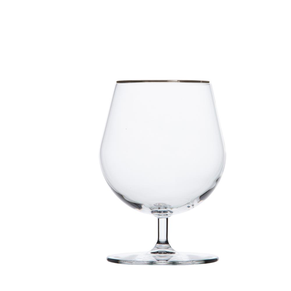 An elegant, clear crystal cognac glass on a white background. A rounded bowl, short stem and sturdy round base. The upper rim is adorned with a fine, shiny platinum rim.