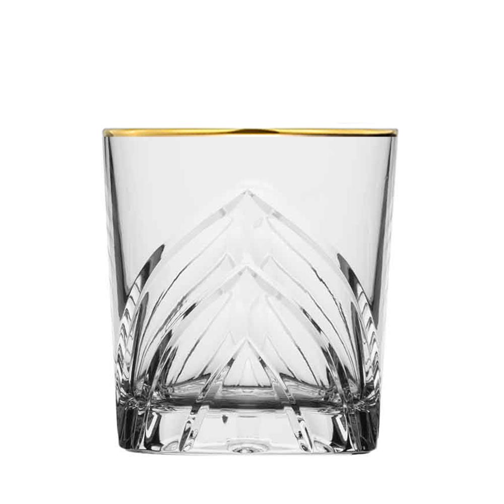 Clear crystal whisky glass from ARNSTADT KRISTALL with a delicate gold rim. The lower half is adorned with an artfully cut wing pattern that fans out upwards and outwards, lending texture to the 10 cm tall glass.
