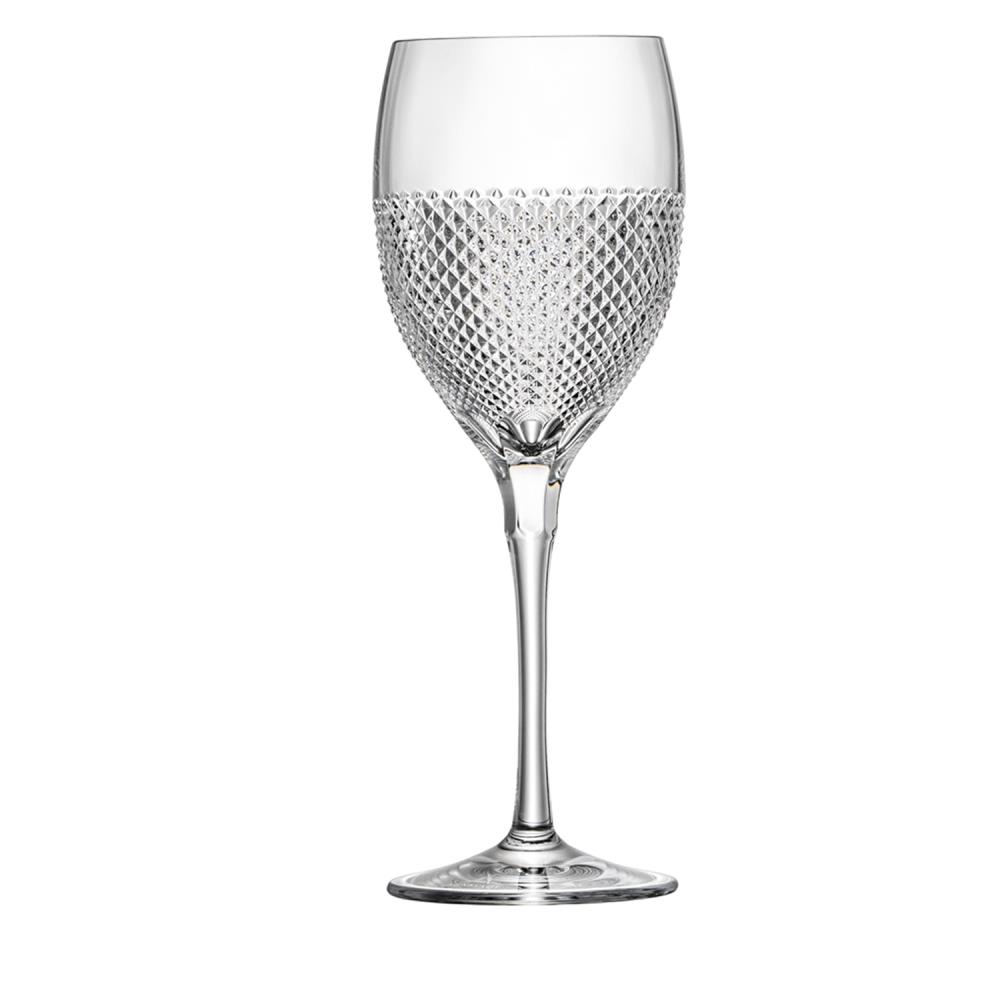 A tall, clear crystal red wine glass with an elegant hand-cut diamond pattern on the lower half of the bowl. The upper rim and stem are smooth and transparent, refracting light. Hand-blown Oxford glass, a unique piece from Arnstadt crystal.