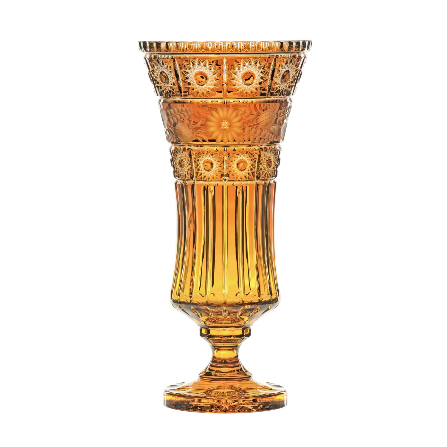 A tall, amber-coloured glass vase with elaborate decorations. The upper part is engraved in a star shape, with detailed floral motifs below. The lower part of the vase is vertically fluted and stands on an ornate base.
