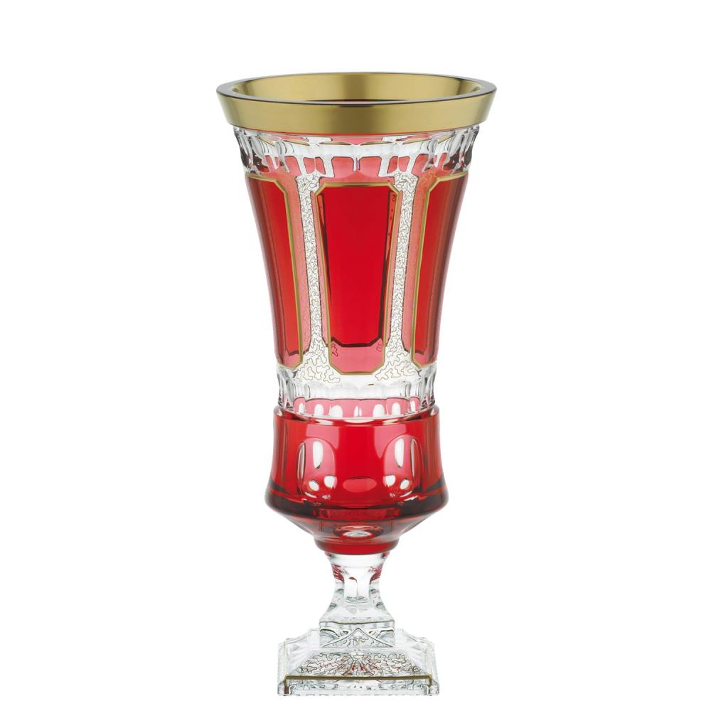 Arnstadt crystal vase (43 cm), ruby red with a gold rim. Slender, tall body with clear, cut crystal panels and patterns. Clear square base with gold decoration.
