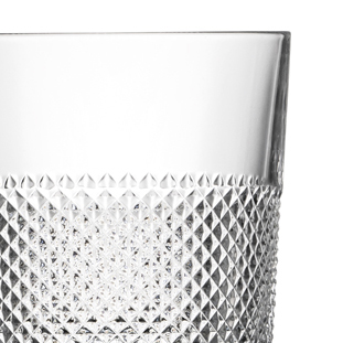 Clear crystal whisky glass with a detailed cut pattern of closely arranged, gleaming diamonds. The pattern covers most of the glass surface and catches the light; the upper rim remains smooth.