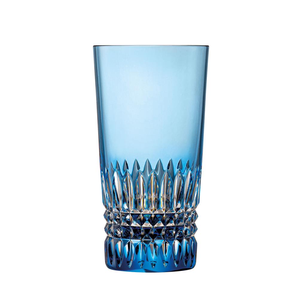 A tall, slender drinking glass crafted from aqua-blue crystal. Smooth and clear at the top, with a detailed, faceted Empire cut featuring pointed shapes and diamonds at the bottom. The base is also faceted and reflects the light.