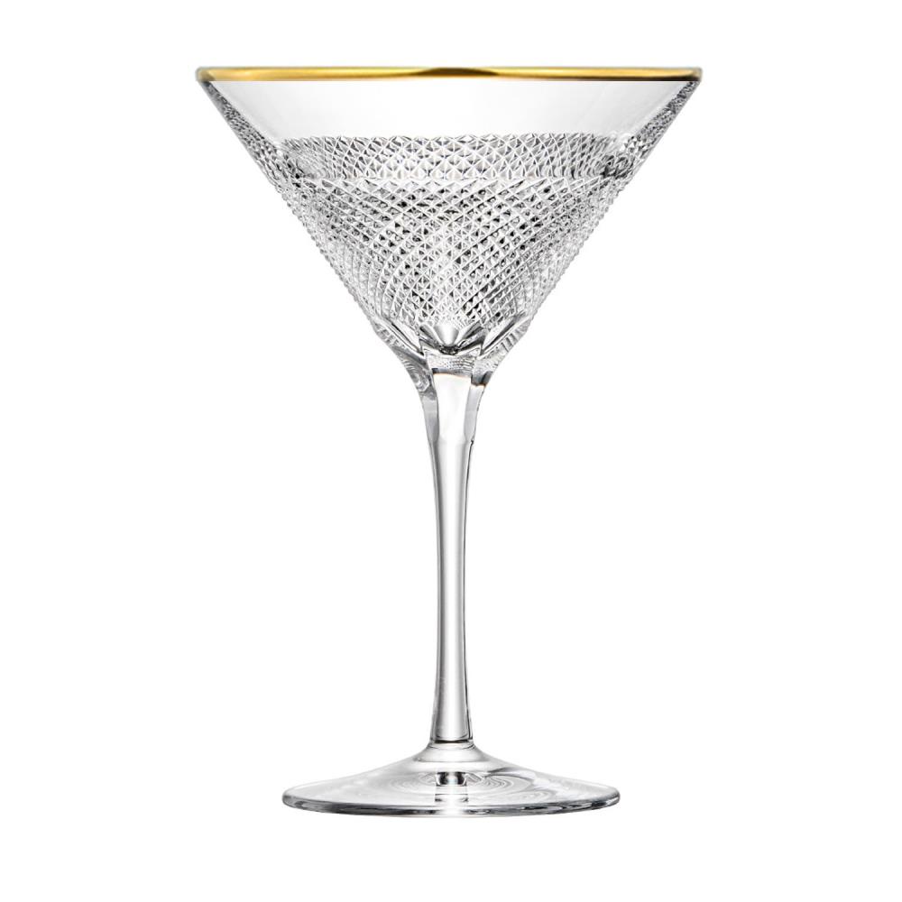 Elegant, clear crystal cocktail glass from ARNSTADT KRISTALL, hand-blown and hand-cut, with a 24-carat gold rim. Oxford glass with a delicate diamond cut, long stem and sturdy round base, against a white background.