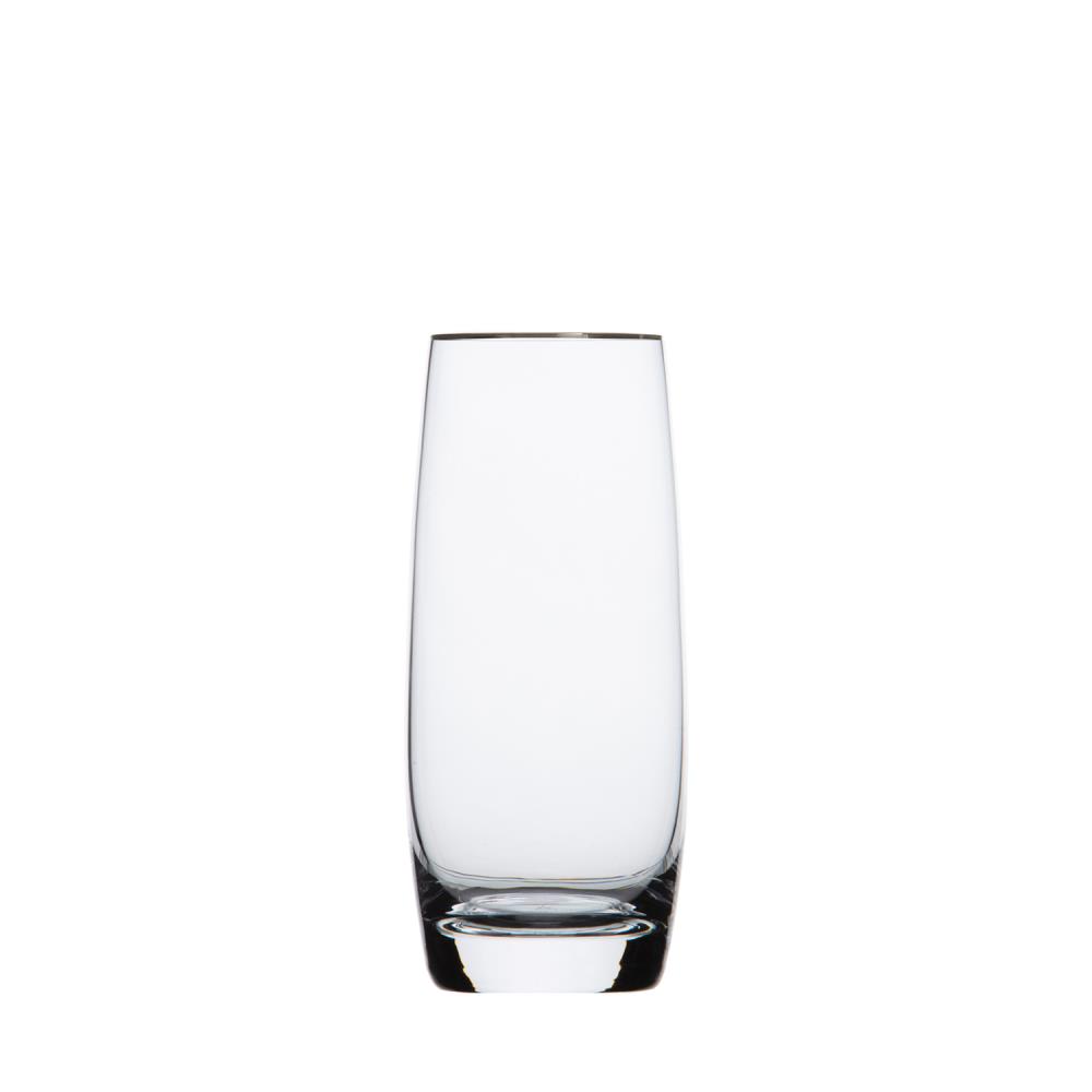 Clear, tall long drink glass made of crystal. Sleek design with a subtle platinum rim at the top for an elegant touch. Slightly thickened base, completely clear and transparent.