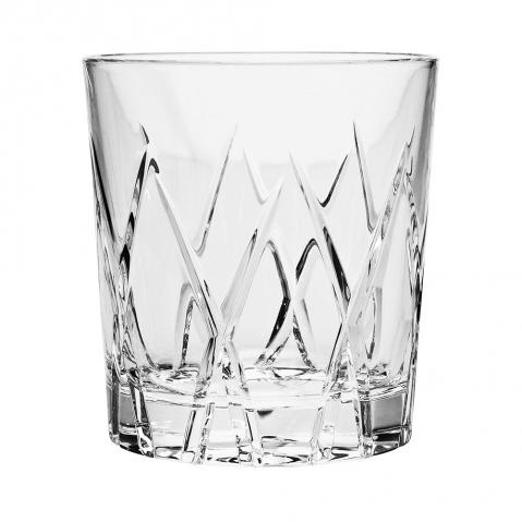 Transparent, hand-blown crystal whisky glass with an intricate, hand-cut geometric pattern. Deep cuts form a network of diagonal lines that intersect and reflect light. Sturdy, clear base.