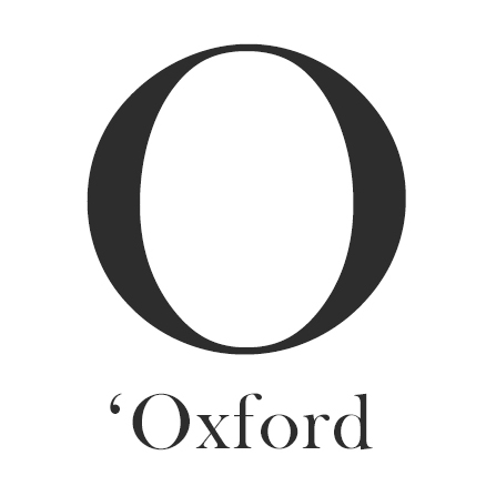 A large, central black serif capital O. Beneath it, the brand name ‘Oxford’ in black serif typeface on a white background. The logo features on the high-quality Oxford long drink glasses from ARNSTADT KRISTALL.
