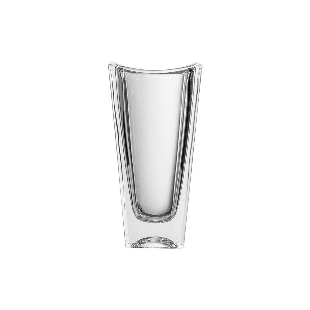 A tall, clear crystal vase with a slender, modern design. The upper rim is gently concave, whilst the body of the ARNSTADT KRISTALL vase tapers downwards. The solid base emphasises its elegance.