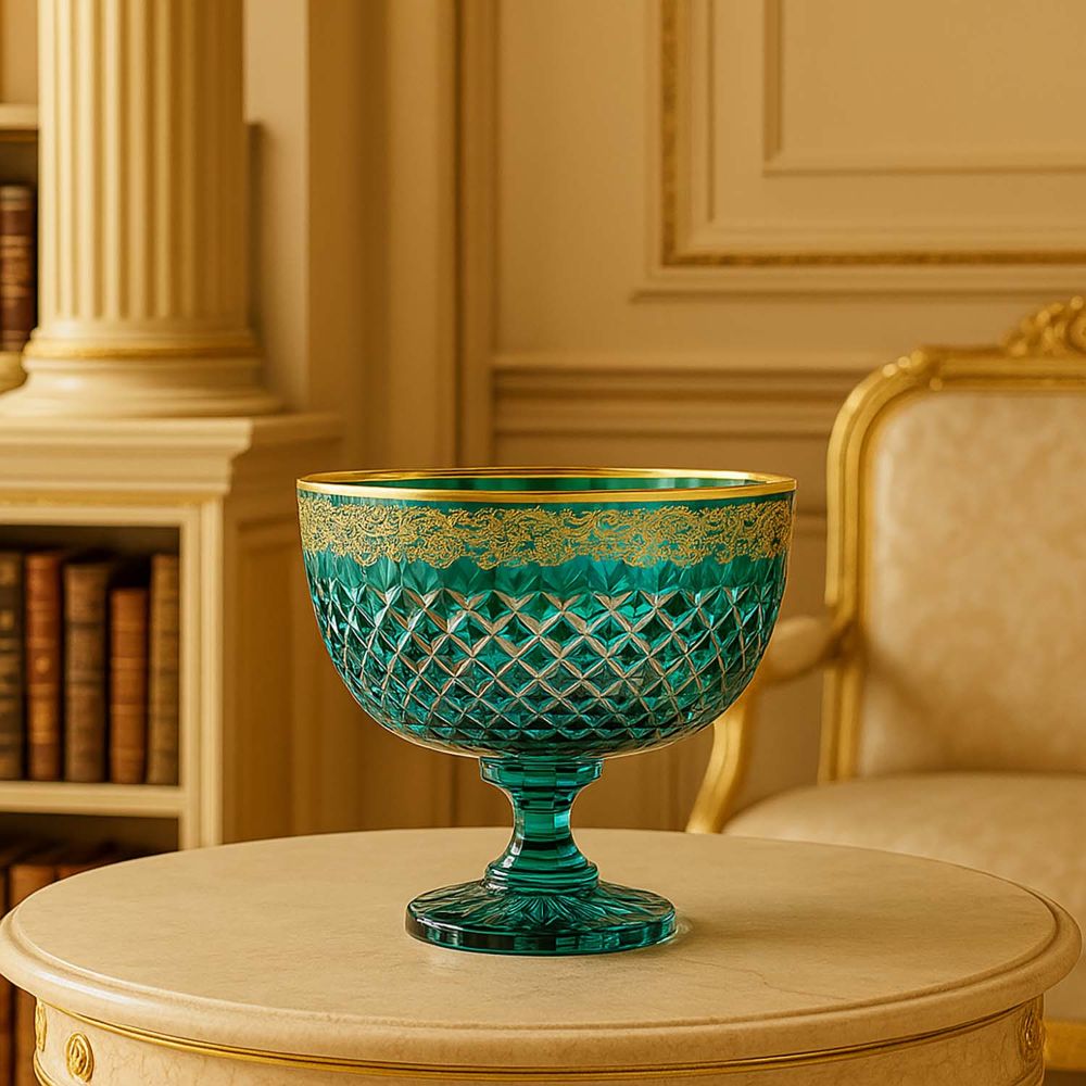 An azure-blue crystal bowl with a delicate diamond-cut finish, an elegant 24-carat gold rim and a golden arabesque pattern around the upper edge. It stands on a light-coloured table in a classically furnished room with columns.