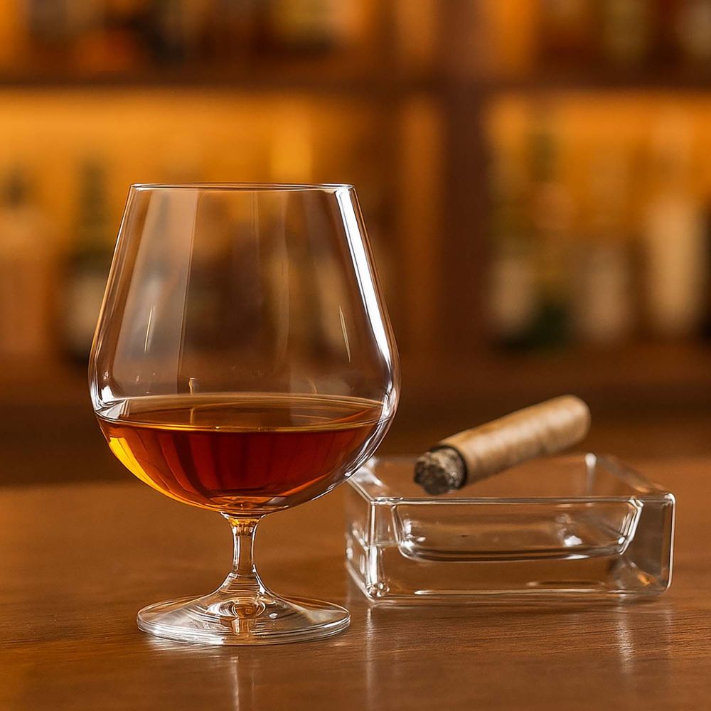 An elegant crystal cognac glass filled with amber-coloured cognac stands on a polished wooden surface. To the right of it lies a lit cigar in a transparent glass ashtray. The background shows a cosy bar with soft lighting.